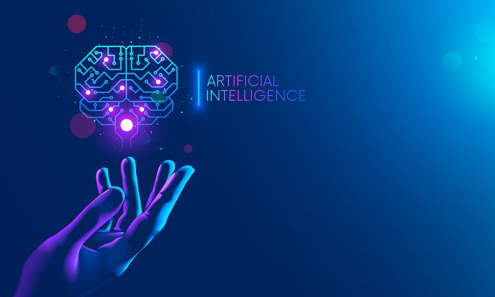 AI and ports/ Are you protected? - Digital hand outstreched under a line drawing of a brain with the text Artificial Intelligence